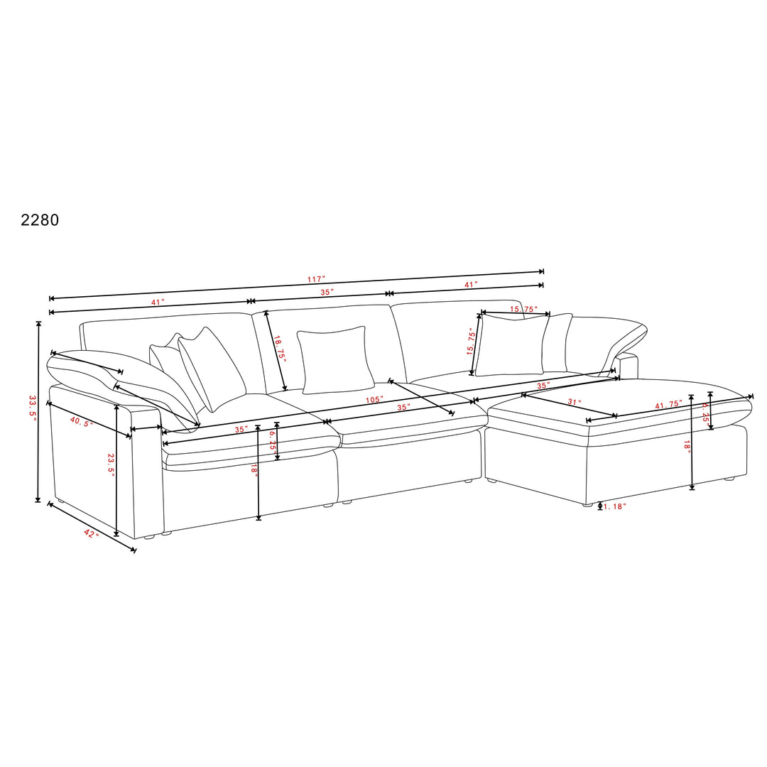 Modern 117" L Shape Sectional Sofa Cloud Couch with Removable Ottoman