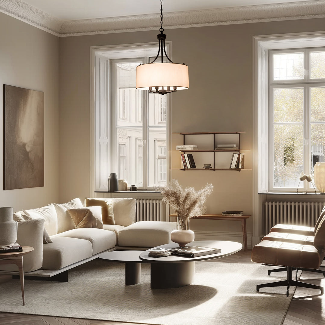 Modern Farmhouse Drum 4-Light Transitional Chandelier with Fabric for Dining Room Foyer - 16'' L X 16'' W X 21.5'' H