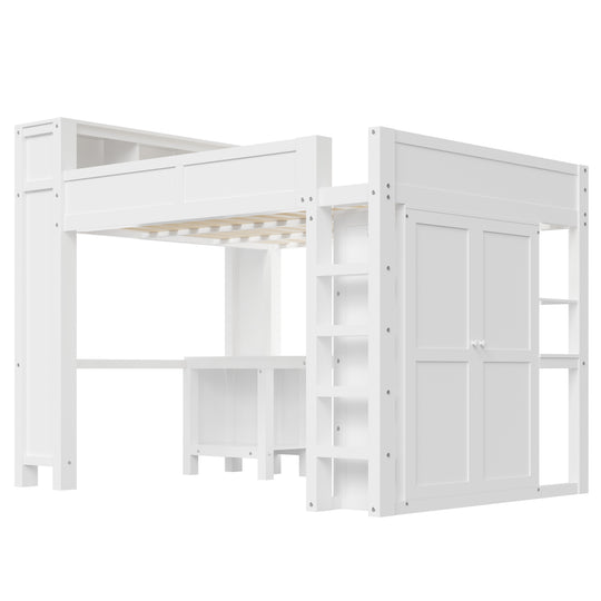 Modern Queen Loft Bed with Built-In Desk, Wardrobe, Headboard Storage & USB Hub by