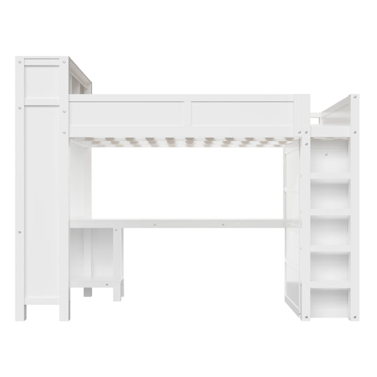 Modern Queen Loft Bed with Built-In Desk, Wardrobe, Headboard Storage & USB Hub by