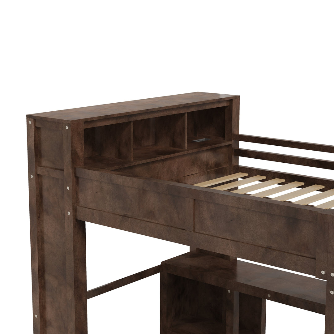 Modern Queen Loft Bed with Built-In Desk, Wardrobe, Headboard Storage & USB Hub by