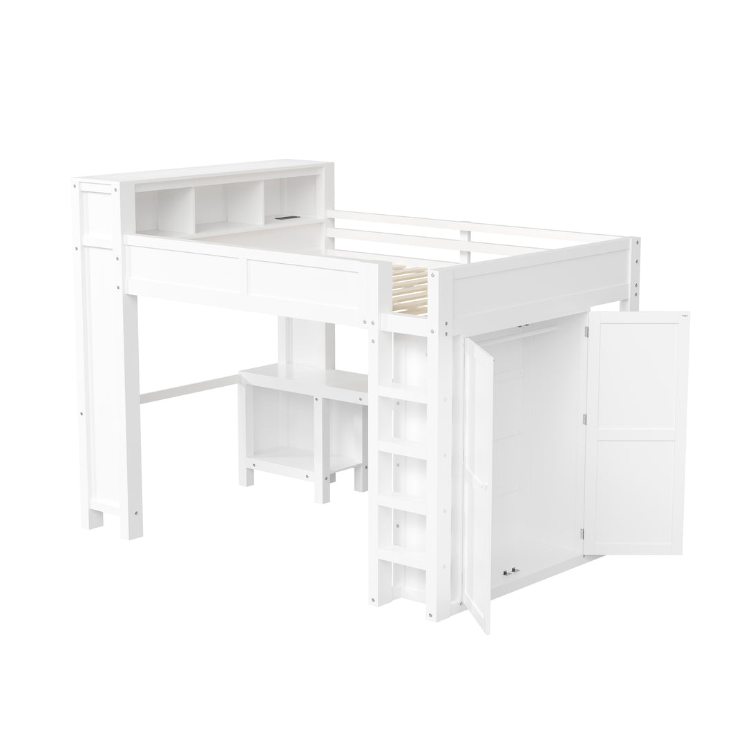 Modern Queen Loft Bed with Built-In Desk, Wardrobe, Headboard Storage & USB Hub by