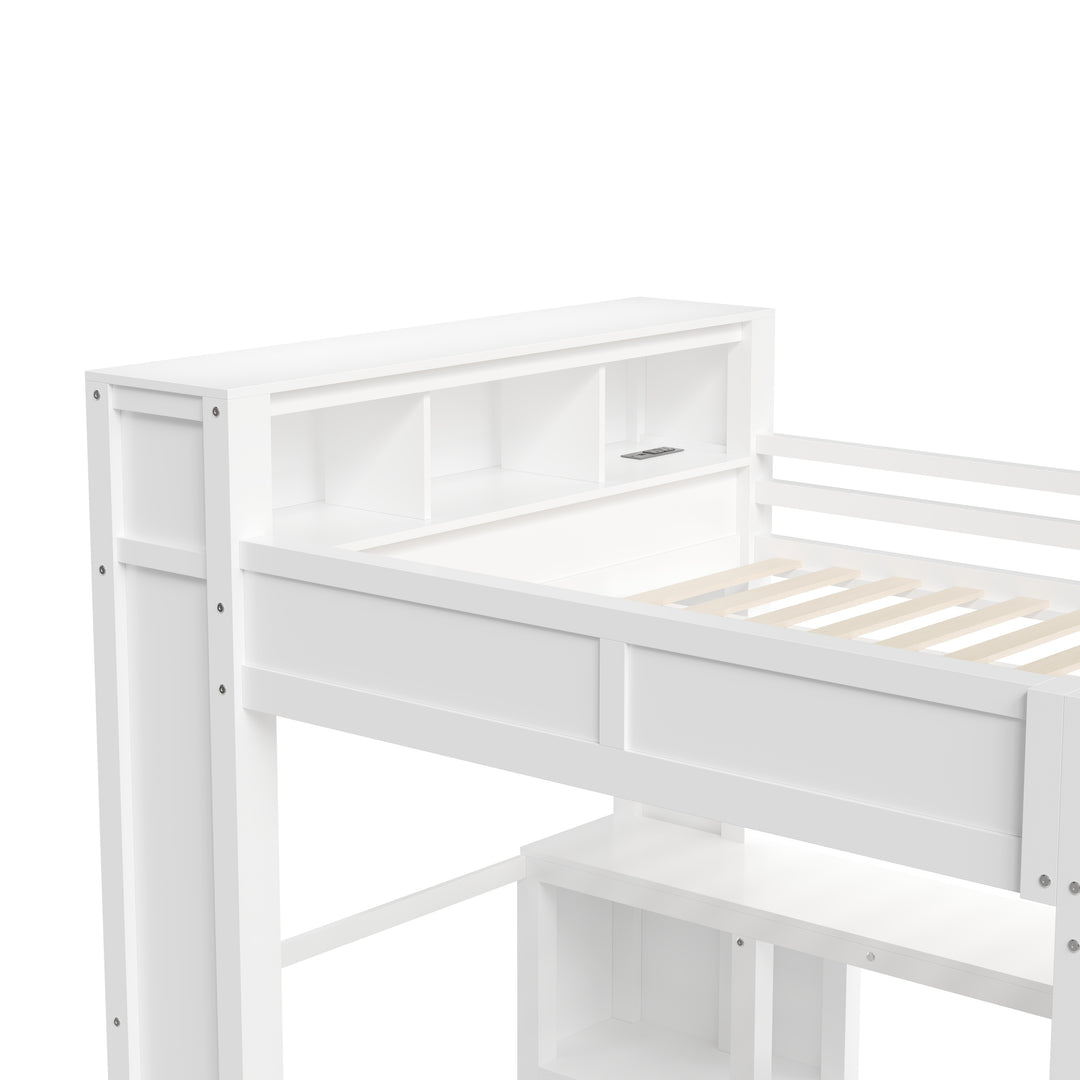 Modern Queen Loft Bed with Built-In Desk, Wardrobe, Headboard Storage & USB Hub by
