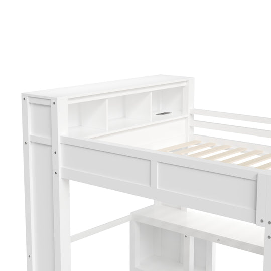 Modern Queen Loft Bed with Built-In Desk, Wardrobe, Headboard Storage & USB Hub by