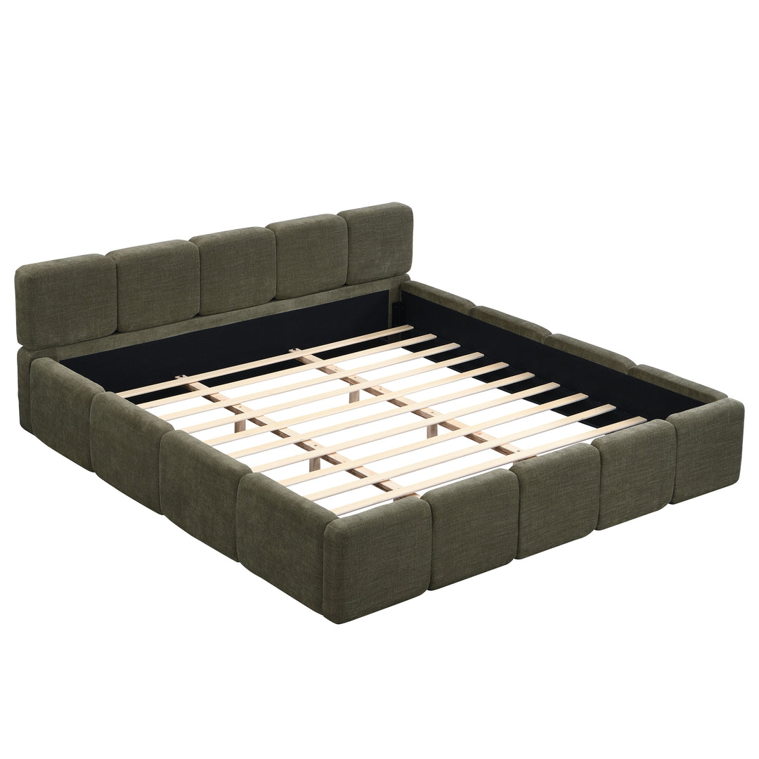 Modern Upholstered Bed Frame Block Style Grounded Bed with Thick Headboard, Lowprofile Wingback Bed Floor Bed Platform Bed Frame