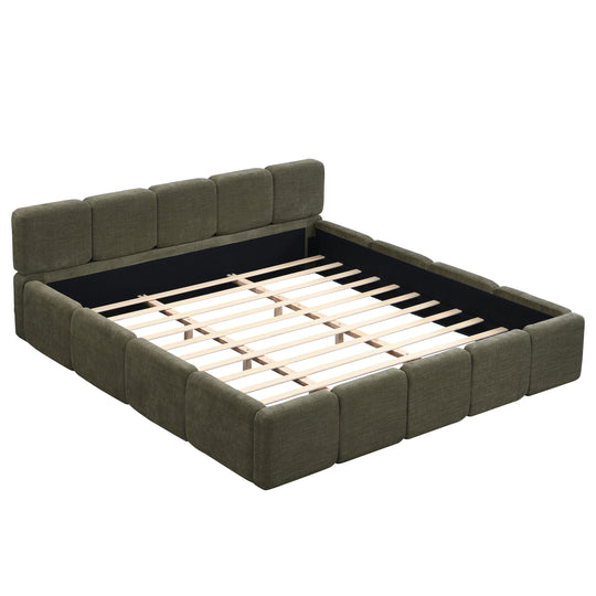 Modern Upholstered Bed Frame Block Style Grounded Bed with Thick Headboard, Lowprofile Wingback Bed Floor Bed Platform Bed Frame