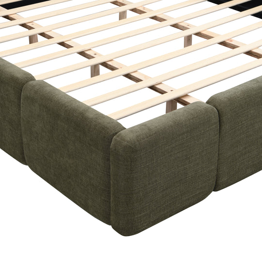 Modern Upholstered Bed Frame Block Style Grounded Bed with Thick Headboard, Lowprofile Wingback Bed Floor Bed Platform Bed Frame
