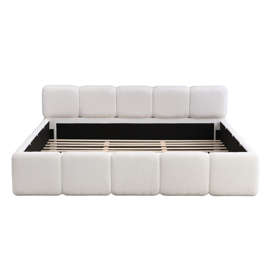 Modern Upholstered Bed Frame Block Style Grounded Bed with Thick Headboard, Lowprofile Wingback Bed Floor Bed Platform Bed Frame