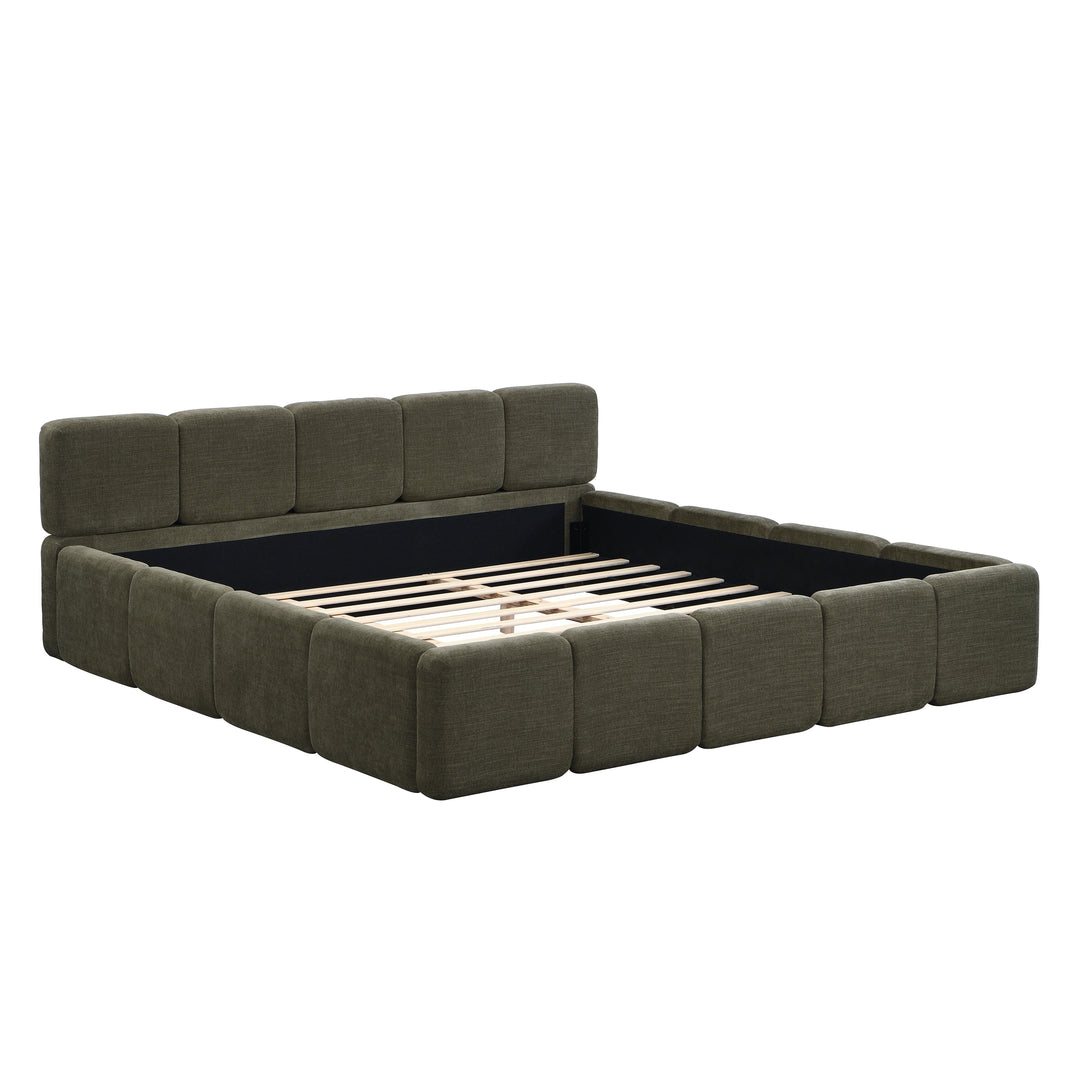 Modern Upholstered Bed Frame Block Style Grounded Bed with Thick Headboard, Lowprofile Wingback Bed Floor Bed Platform Bed Frame