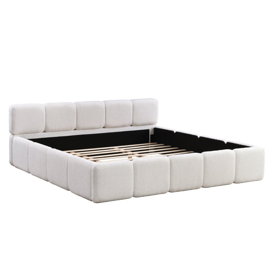 Modern Upholstered Bed Frame Block Style Grounded Bed with Thick Headboard, Lowprofile Wingback Bed Floor Bed Platform Bed Frame