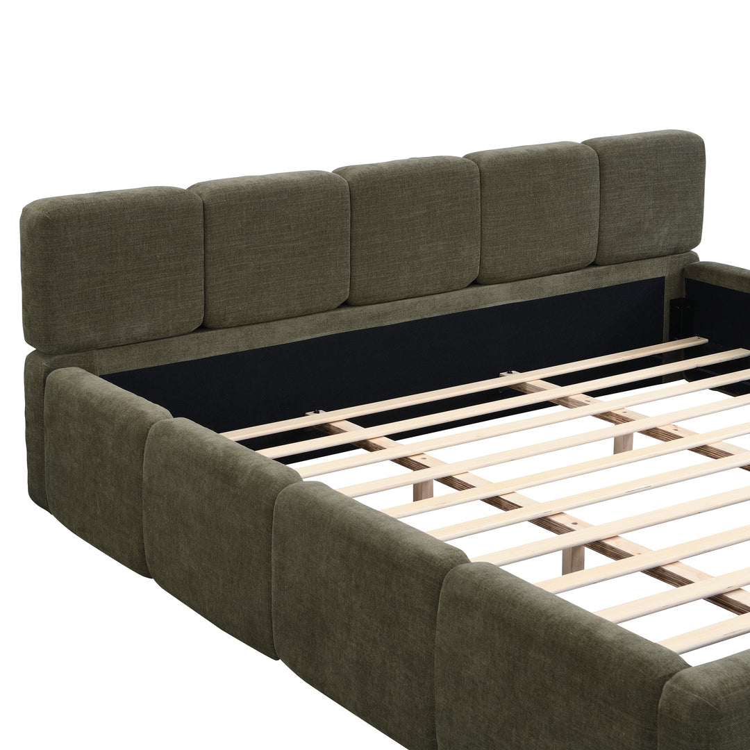 Modern Upholstered Bed Frame Block Style Grounded Bed with Thick Headboard, Lowprofile Wingback Bed Floor Bed Platform Bed Frame