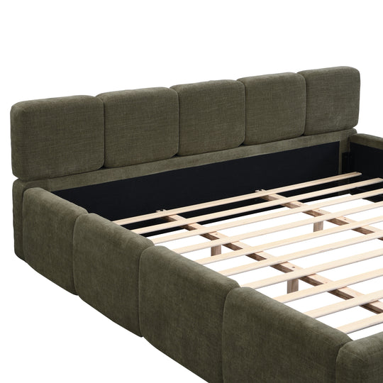 Modern Upholstered Bed Frame Block Style Grounded Bed with Thick Headboard, Lowprofile Wingback Bed Floor Bed Platform Bed Frame