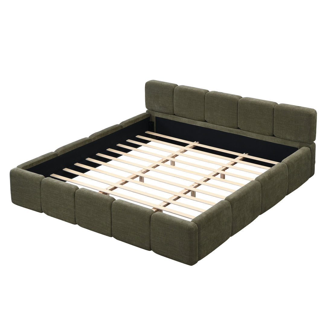 Modern Upholstered Bed Frame Block Style Grounded Bed with Thick Headboard, Lowprofile Wingback Bed Floor Bed Platform Bed Frame