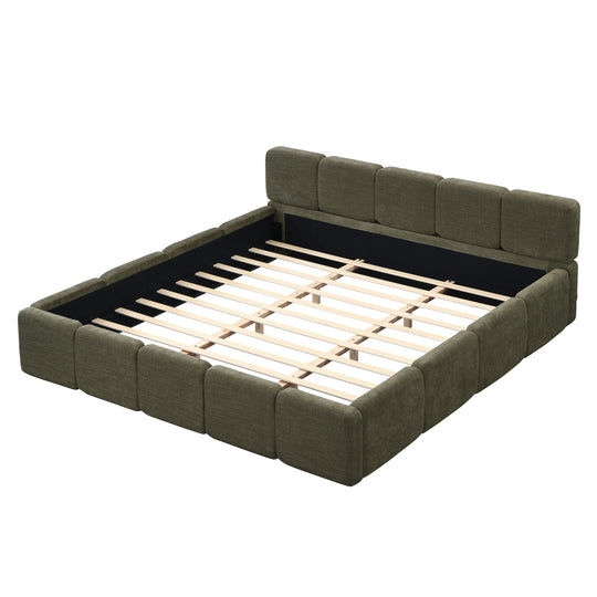 Modern Upholstered Bed Frame Block Style Grounded Bed with Thick Headboard, Lowprofile Wingback Bed Floor Bed Platform Bed Frame