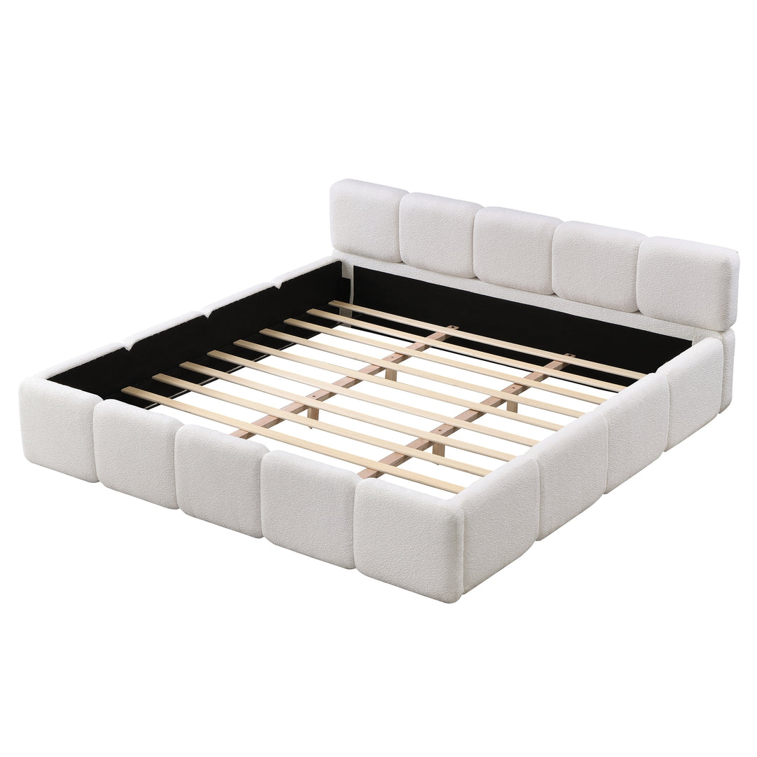Modern Upholstered Bed Frame Block Style Grounded Bed with Thick Headboard, Lowprofile Wingback Bed Floor Bed Platform Bed Frame