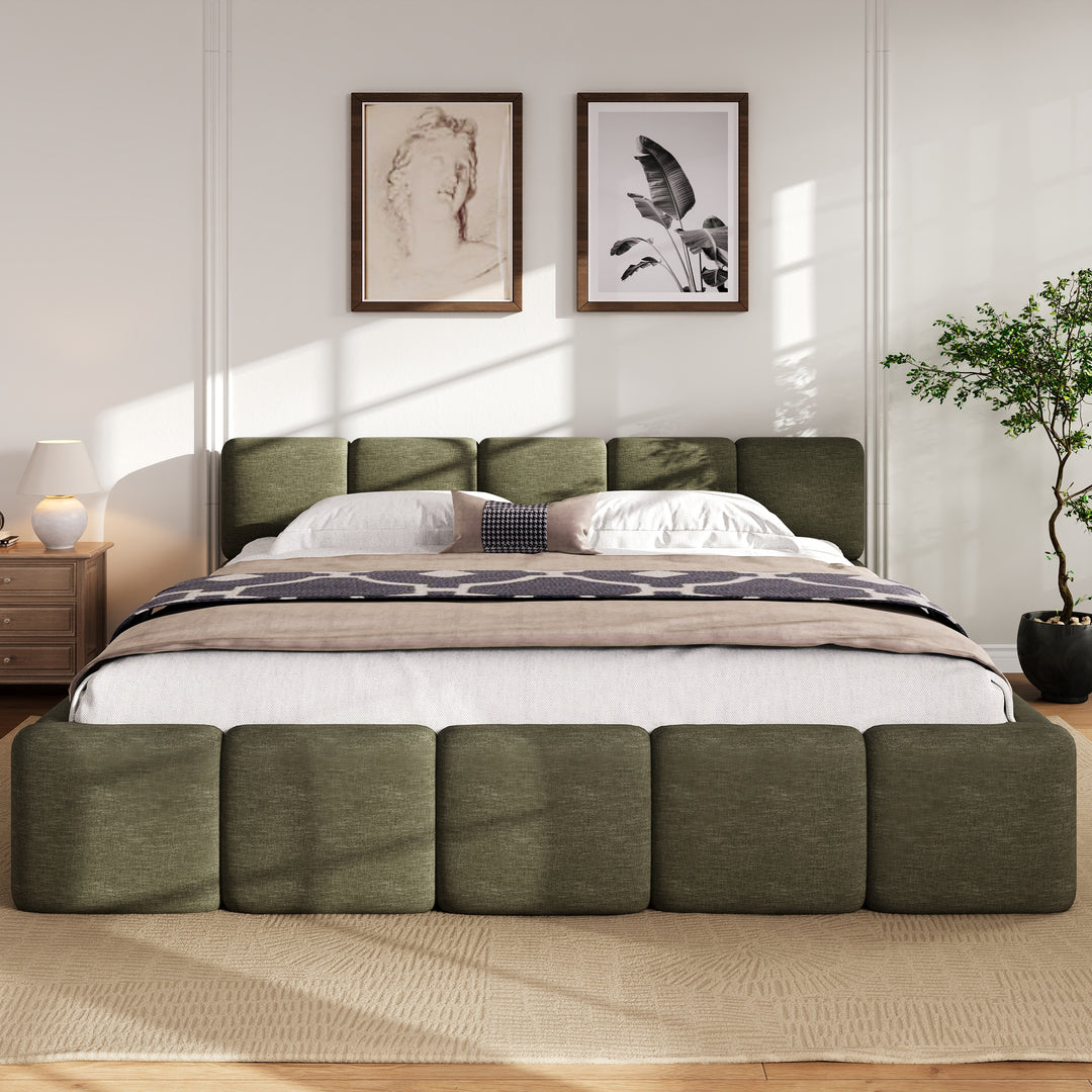 Modern Upholstered Bed Frame Block Style Grounded Bed with Thick Headboard, Lowprofile Wingback Bed Floor Bed Platform Bed Frame
