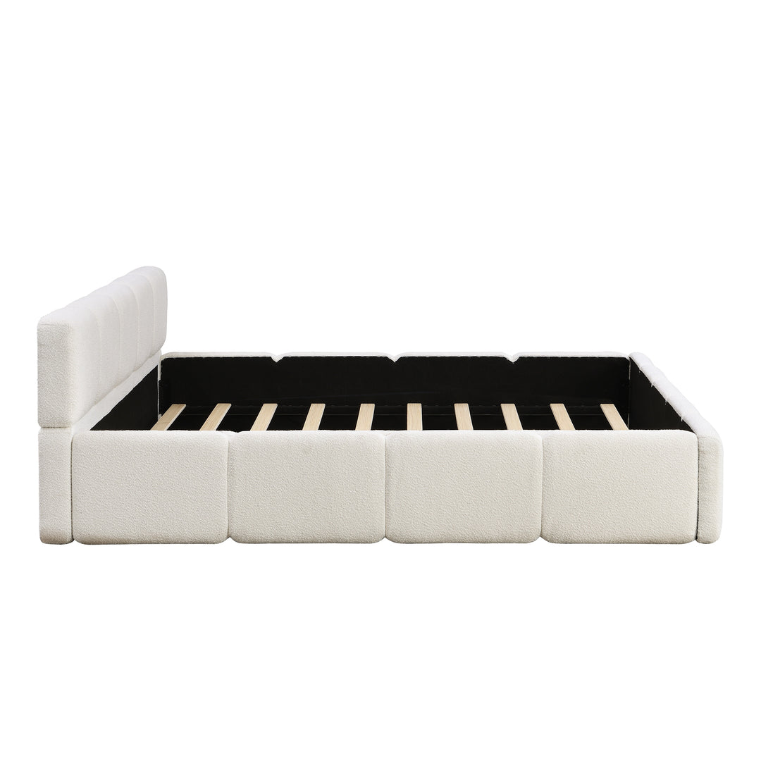 Modern Upholstered Bed Frame Block Style Grounded Bed with Thick Headboard, Lowprofile Wingback Bed Floor Bed Platform Bed Frame