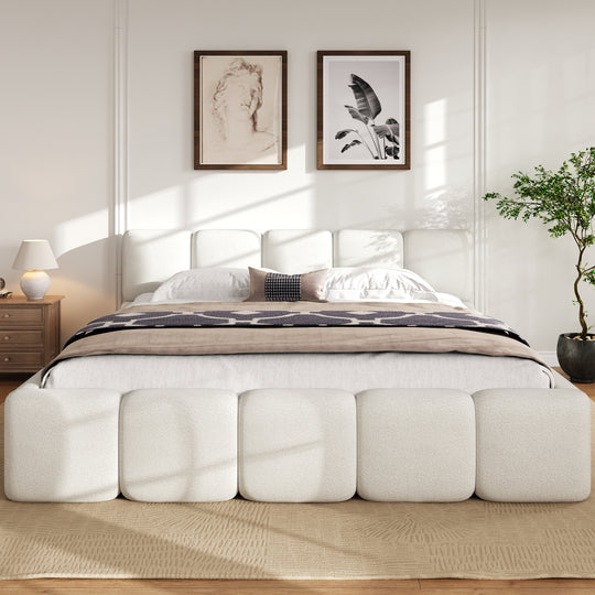 Modern Upholstered Bed Frame Block Style Grounded Bed with Thick Headboard, Lowprofile Wingback Bed Floor Bed Platform Bed Frame