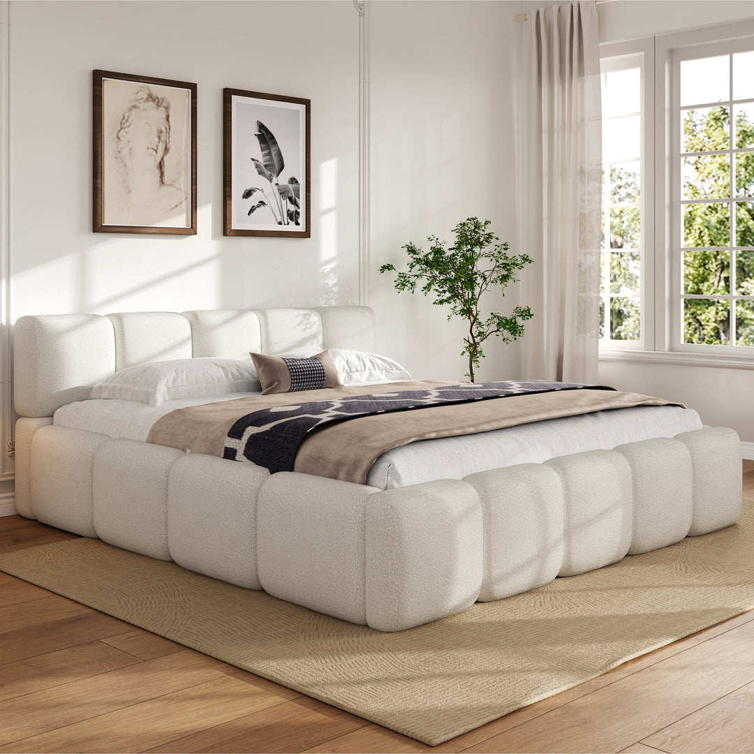 Modern Upholstered Bed Frame Block Style Grounded Bed with Thick Headboard, Lowprofile Wingback Bed Floor Bed Platform Bed Frame