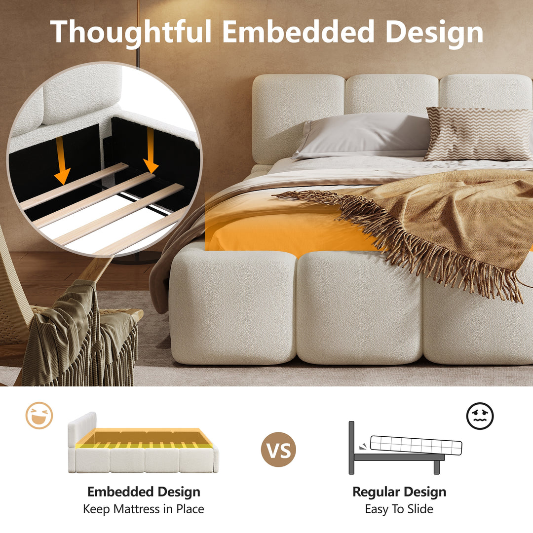 Modern Upholstered Bed Frame Block Style Grounded Bed with Thick Headboard, Lowprofile Wingback Bed Floor Bed Platform Bed Frame