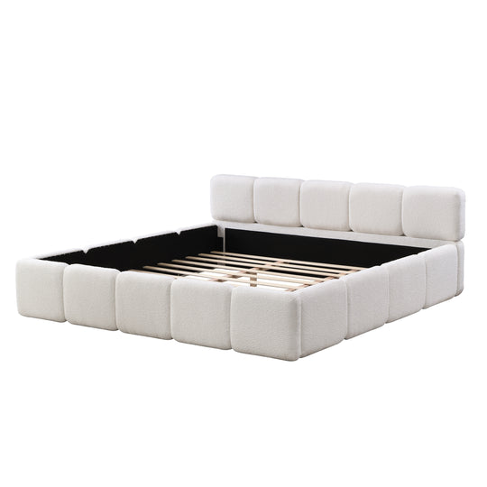 Modern Upholstered Bed Frame Block Style Grounded Bed with Thick Headboard, Lowprofile Wingback Bed Floor Bed Platform Bed Frame
