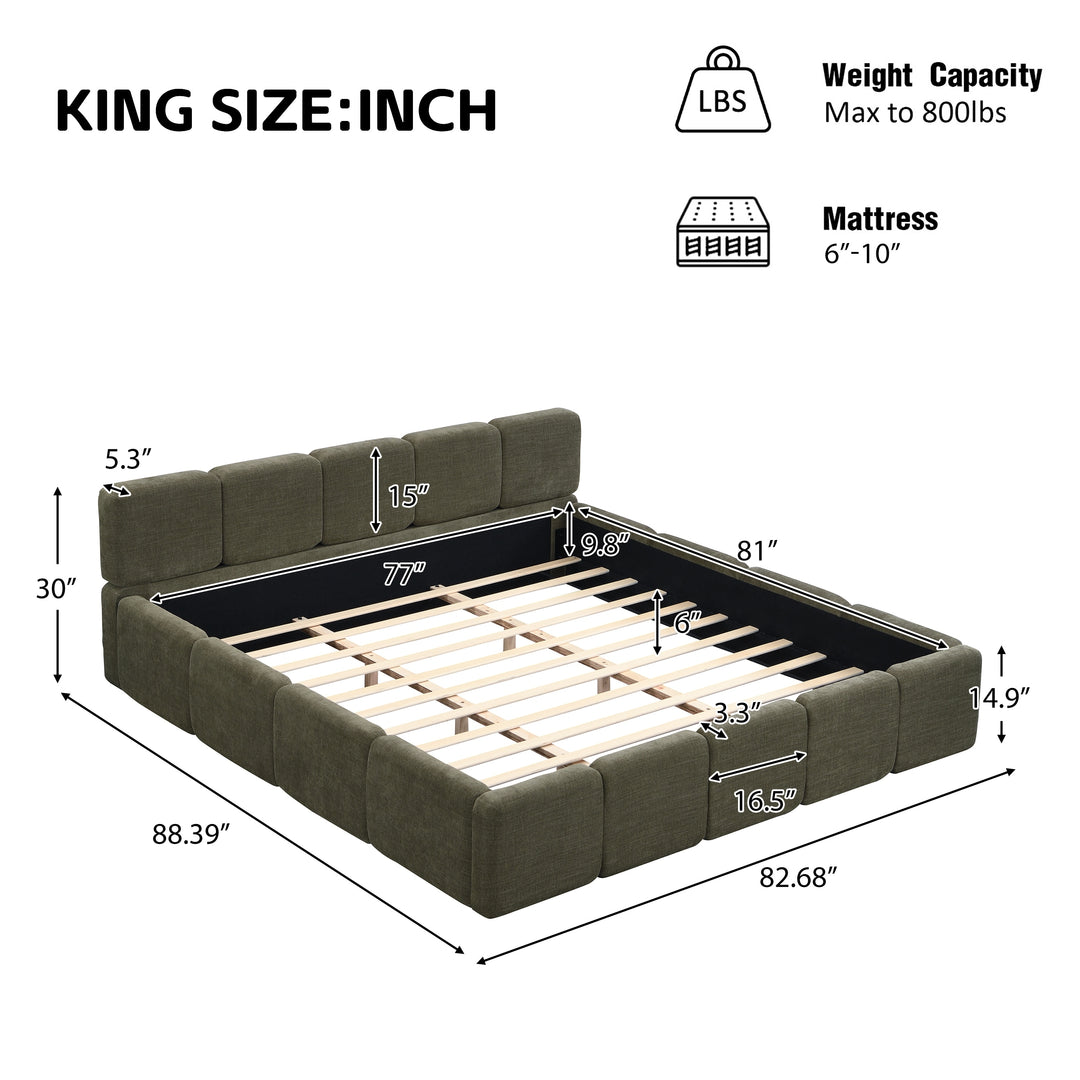 Modern Upholstered Bed Frame Block Style Grounded Bed with Thick Headboard, Lowprofile Wingback Bed Floor Bed Platform Bed Frame