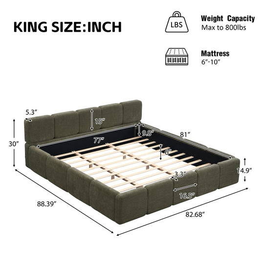 Modern Upholstered Bed Frame Block Style Grounded Bed with Thick Headboard, Lowprofile Wingback Bed Floor Bed Platform Bed Frame