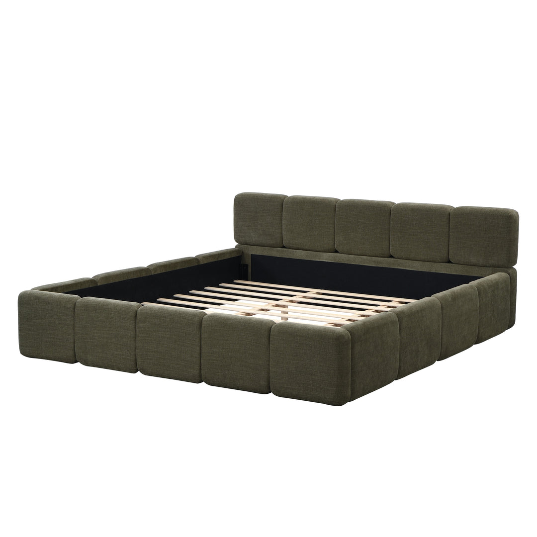 Modern Upholstered Bed Frame Block Style Grounded Bed with Thick Headboard, Lowprofile Wingback Bed Floor Bed Platform Bed Frame