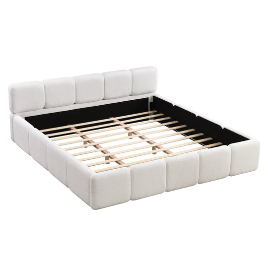 Modern Upholstered Bed Frame Block Style Grounded Bed with Thick Headboard, Lowprofile Wingback Bed Floor Bed Platform Bed Frame