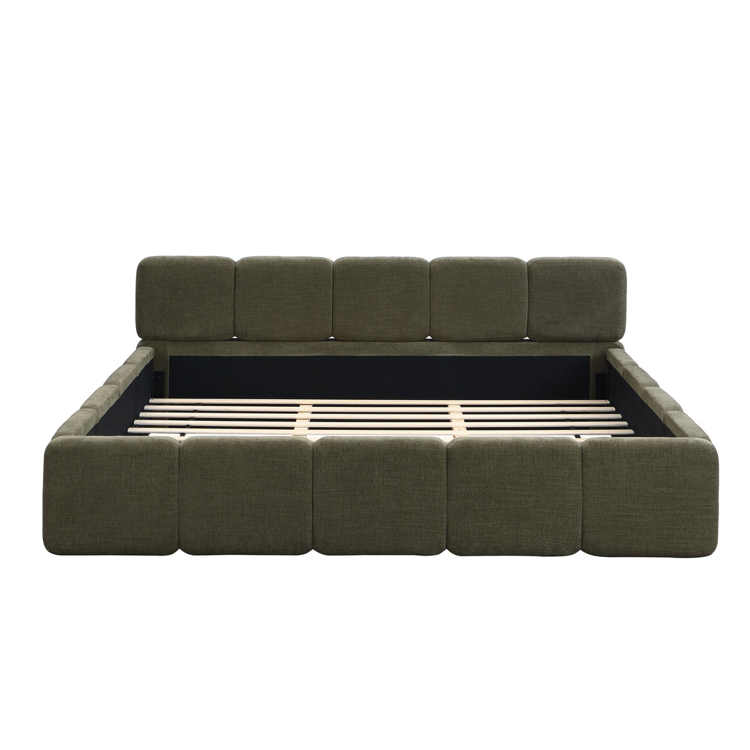 Modern Upholstered Bed Frame Block Style Grounded Bed with Thick Headboard, Lowprofile Wingback Bed Floor Bed Platform Bed Frame