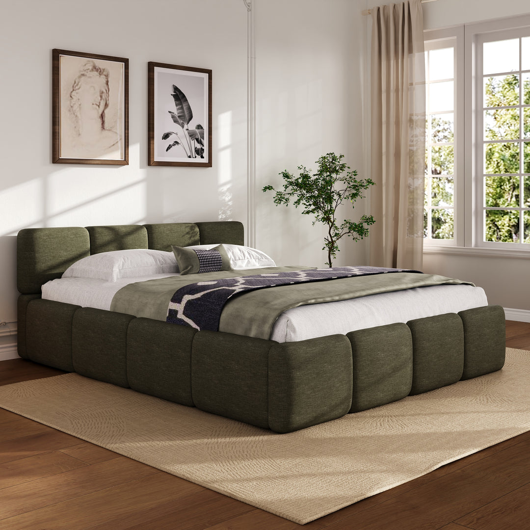 Modern Upholstered Bed Frame Block Style Grounded Bed with Thick Headboard, Lowprofile Wingback Bed Floor Bed Platform Bed Frame