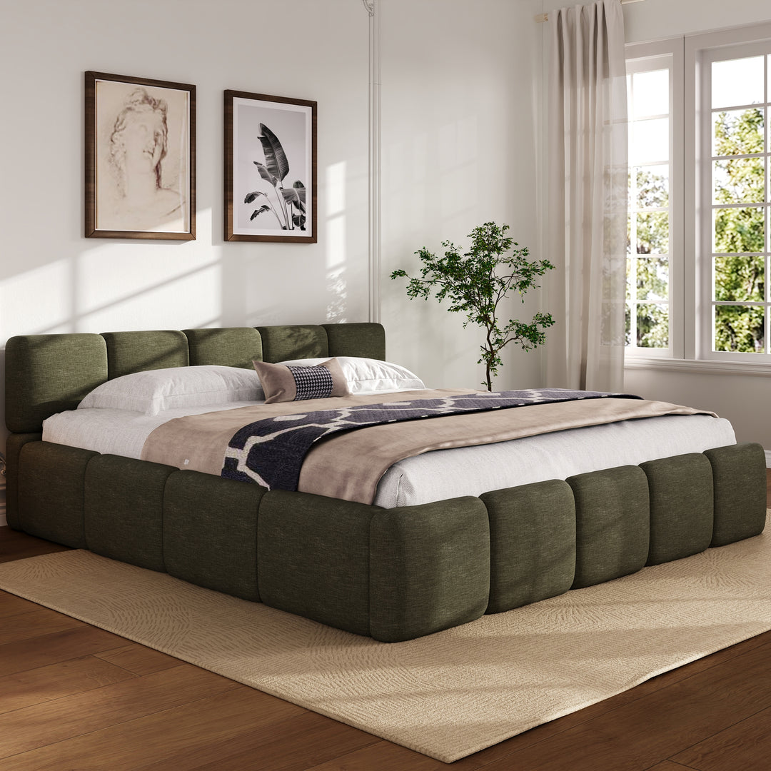 Modern Upholstered Bed Frame Block Style Grounded Bed with Thick Headboard, Lowprofile Wingback Bed Floor Bed Platform Bed Frame