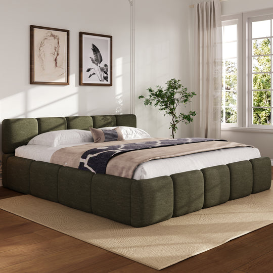 Modern Upholstered Bed Frame Block Style Grounded Bed with Thick Headboard, Lowprofile Wingback Bed Floor Bed Platform Bed Frame
