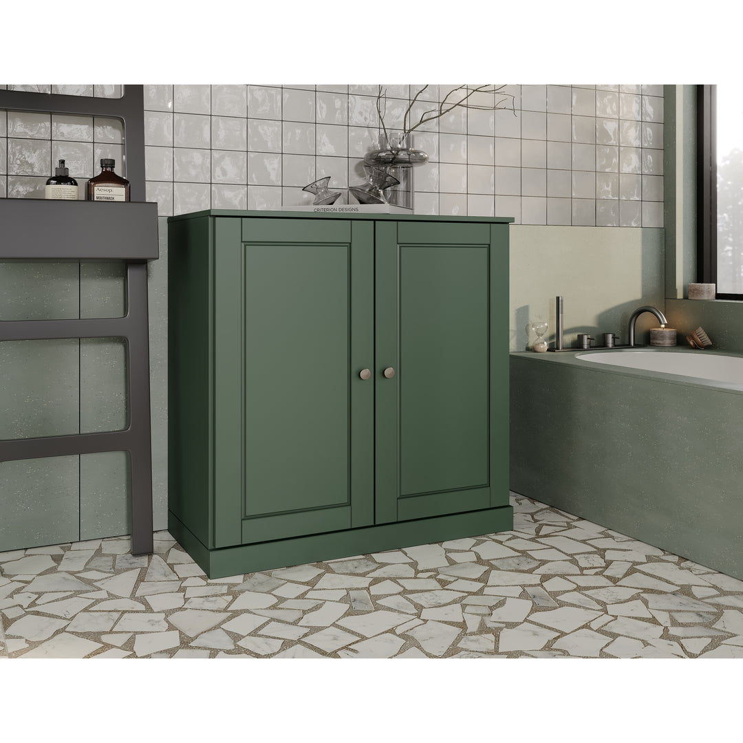 100% Solid Wood Bathroom Storage Cabinet, Raised Panel Doors, 2 Drawers, Adjustable Shelves