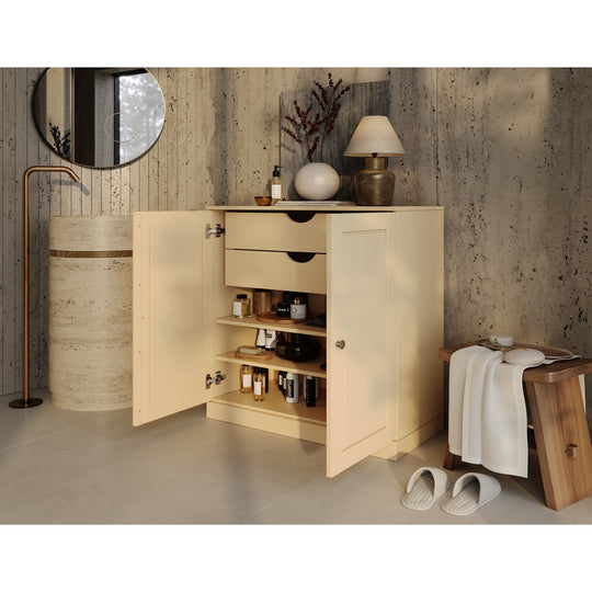 100% Solid Wood Bathroom Storage Cabinet, Raised Panel Doors, 2 Drawers, Adjustable Shelves