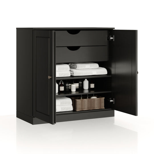 100% Solid Wood Bathroom Storage Cabinet, Raised Panel Doors, 2 Drawers, Adjustable Shelves