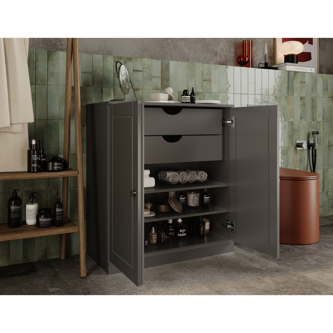 100% Solid Wood Bathroom Storage Cabinet, Raised Panel Doors, 2 Drawers, Adjustable Shelves