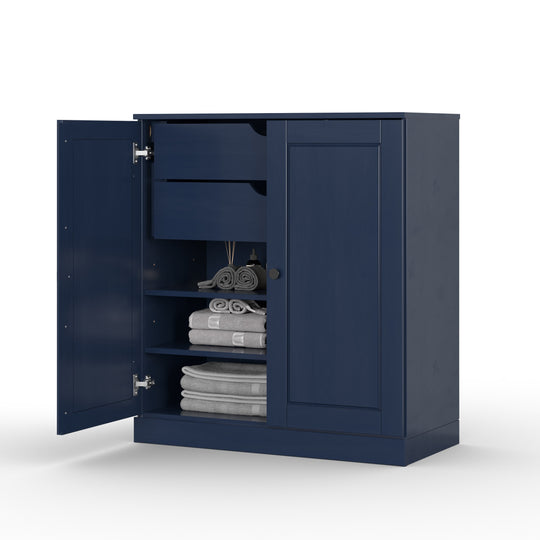 100% Solid Wood Bathroom Storage Cabinet, Raised Panel Doors, 2 Drawers, Adjustable Shelves