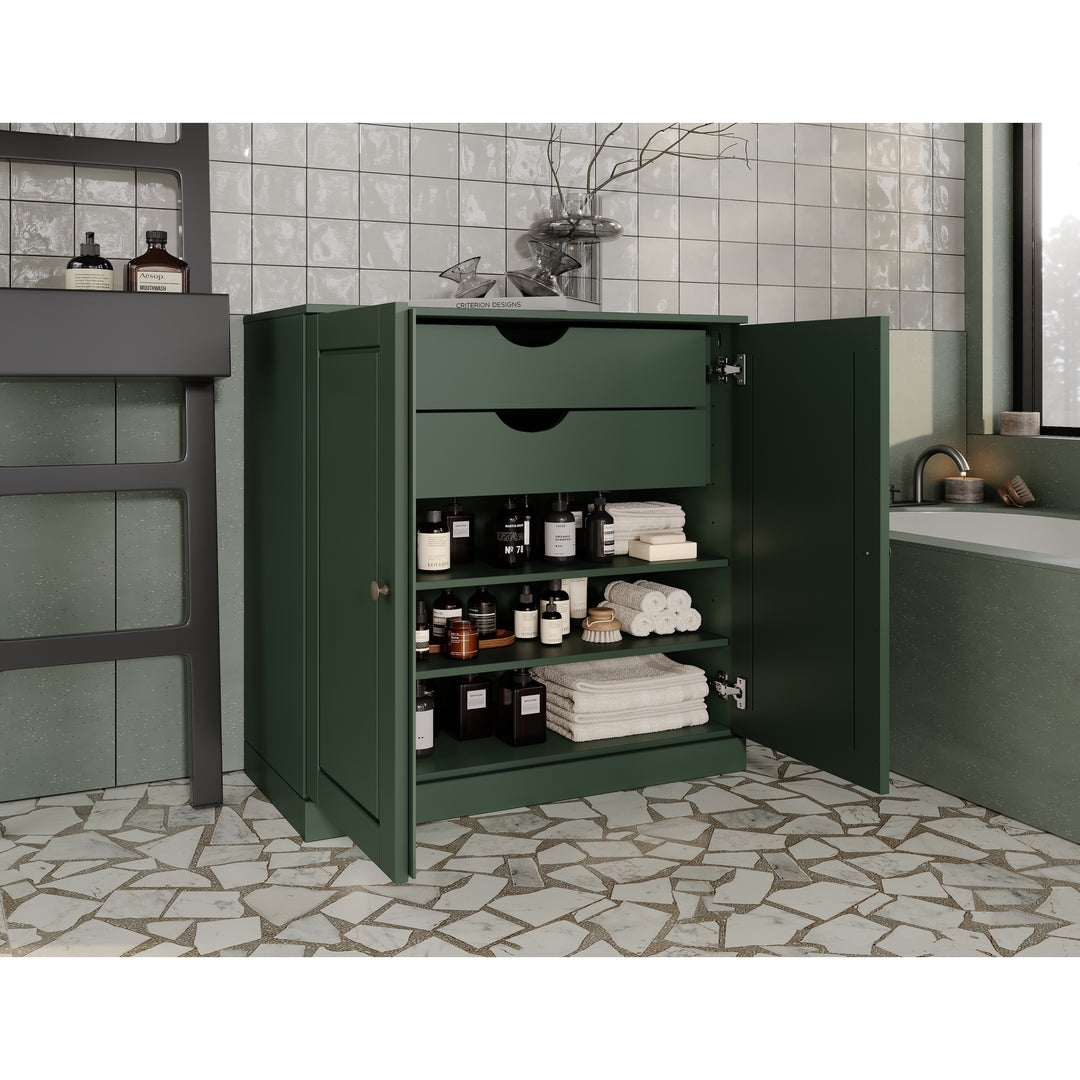 100% Solid Wood Bathroom Storage Cabinet, Raised Panel Doors, 2 Drawers, Adjustable Shelves