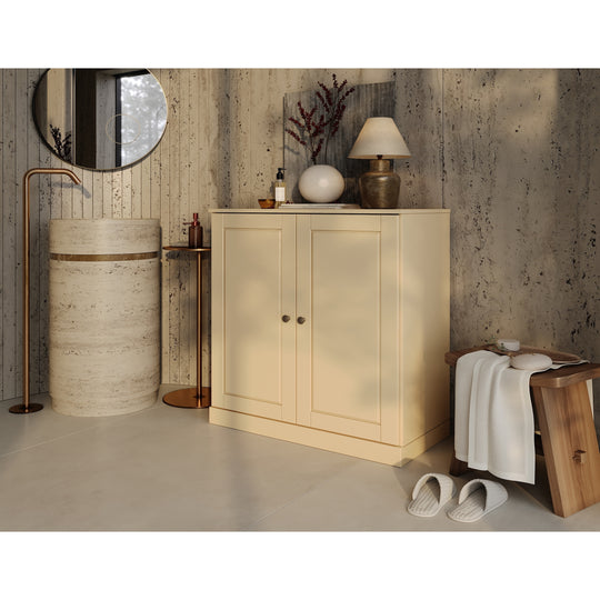 100% Solid Wood Bathroom Storage Cabinet, Raised Panel Doors, 2 Drawers, Adjustable Shelves