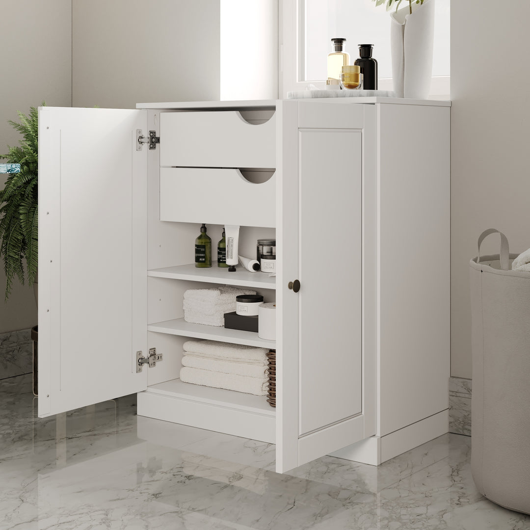 100% Solid Wood Bathroom Storage Cabinet, Raised Panel Doors, 2 Drawers, Adjustable Shelves