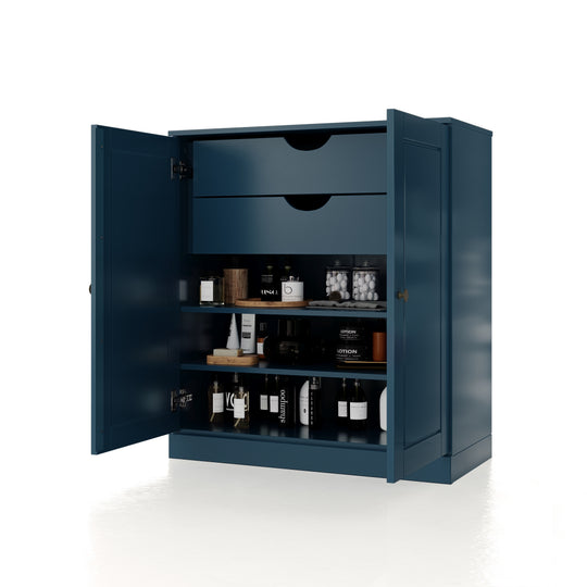 100% Solid Wood Bathroom Storage Cabinet, Raised Panel Doors, 2 Drawers, Adjustable Shelves