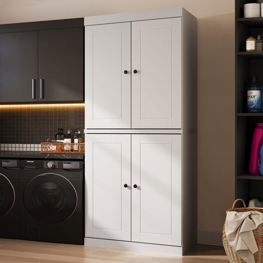 100% Solid Wood Bathroom & Laundry Storage Cabinet, Raised Panel Doors, Adjustable Shelves, 32" Wide, 71.5" Tall