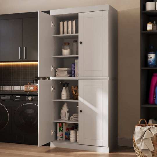 100% Solid Wood Bathroom & Laundry Storage Cabinet, Raised Panel Doors, Adjustable Shelves, 32" Wide, 71.5" Tall