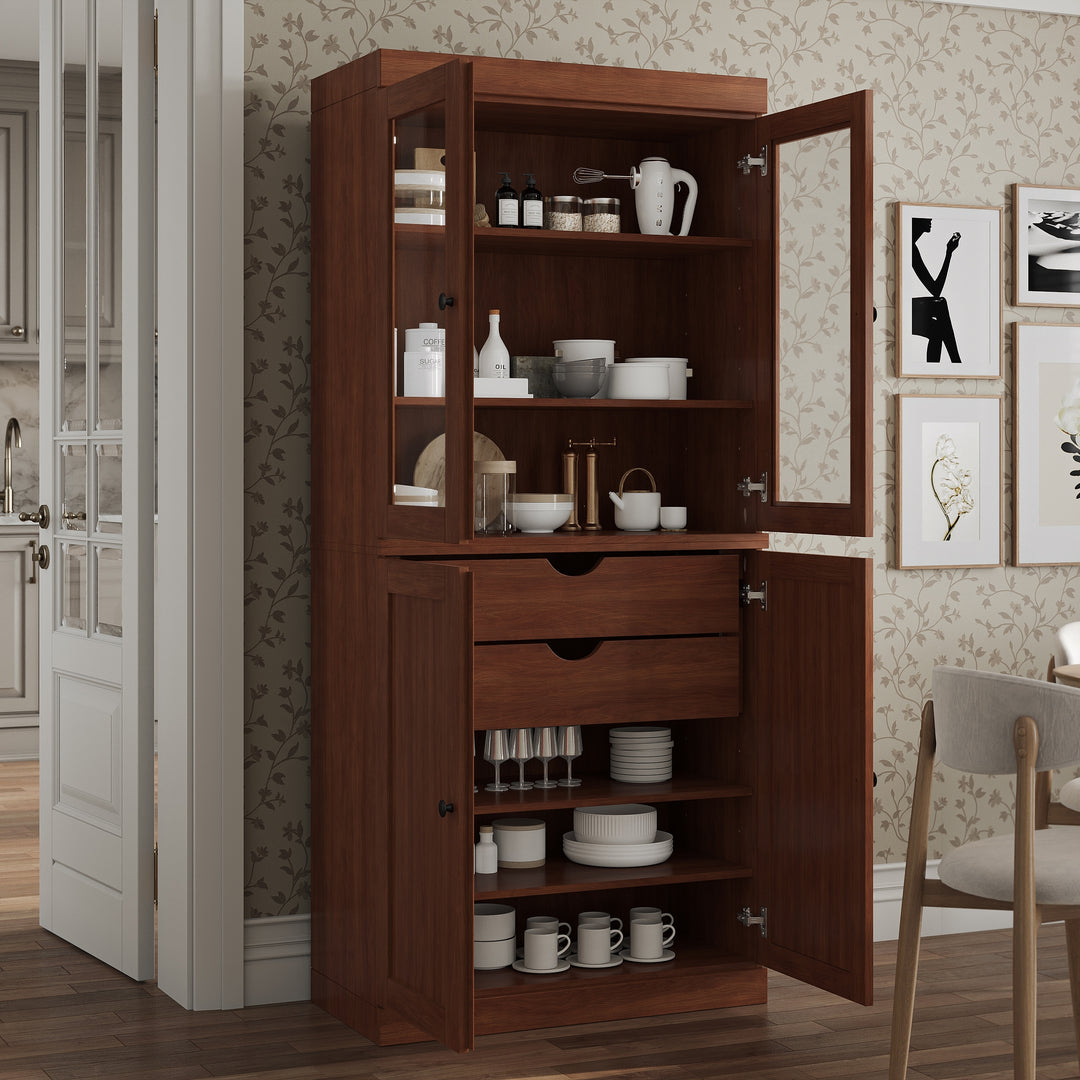 100% Solid Wood Pantry Cabinet, Shaker & Clear Glass Doors, 2 Drawers, Adjustable Shelves, 32" Wide, 71.5" Tall
