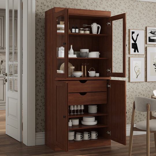 100% Solid Wood Pantry Cabinet, Shaker & Clear Glass Doors, 2 Drawers, Adjustable Shelves, 32" Wide, 71.5" Tall