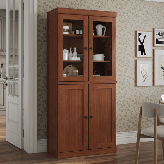 100% Solid Wood Pantry Cabinet, Shaker & Clear Glass Doors, 2 Drawers, Adjustable Shelves, 32" Wide, 71.5" Tall