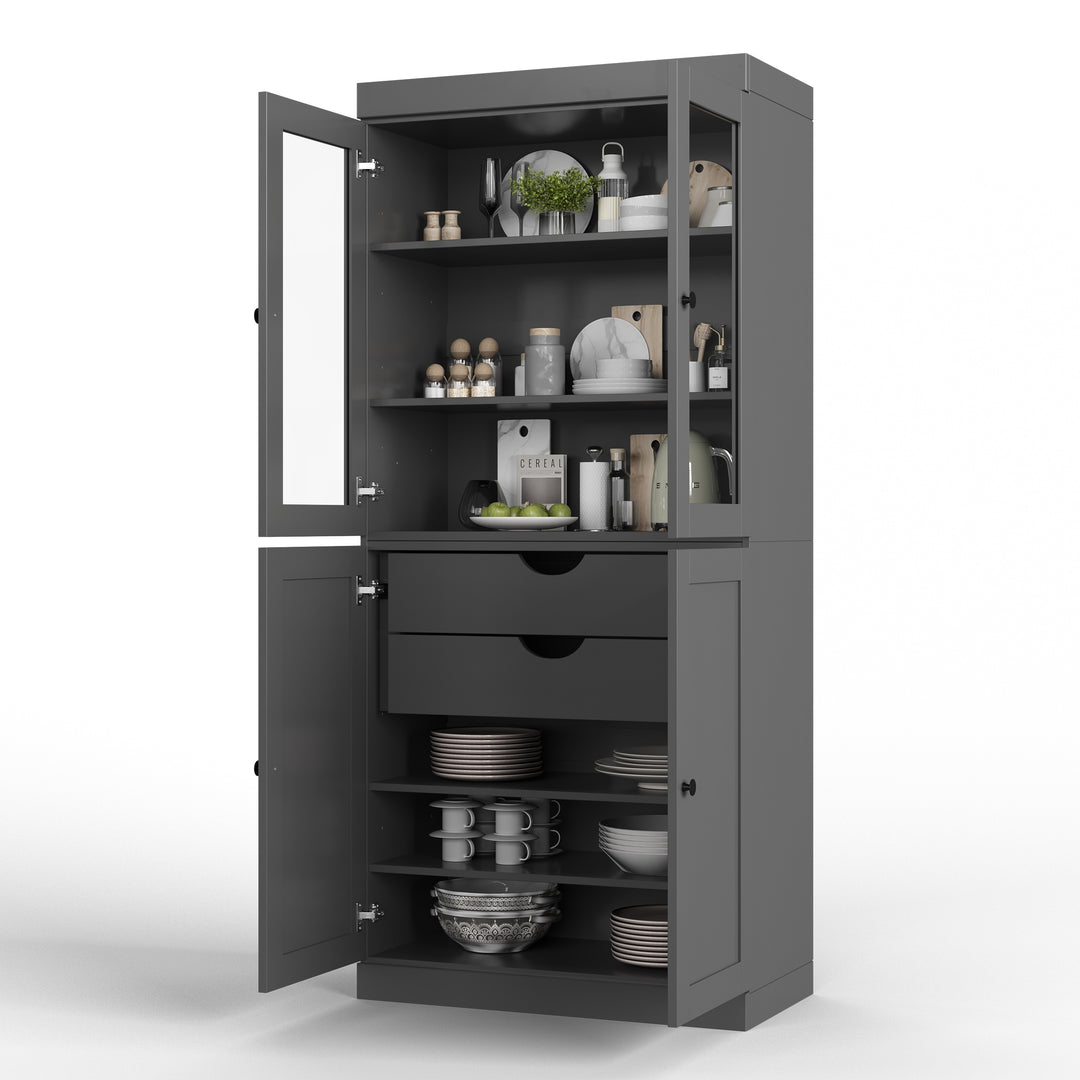 100% Solid Wood Pantry Cabinet, Shaker & Clear Glass Doors, 2 Drawers, Adjustable Shelves, 32" Wide, 71.5" Tall
