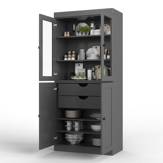 100% Solid Wood Pantry Cabinet, Shaker & Clear Glass Doors, 2 Drawers, Adjustable Shelves, 32" Wide, 71.5" Tall