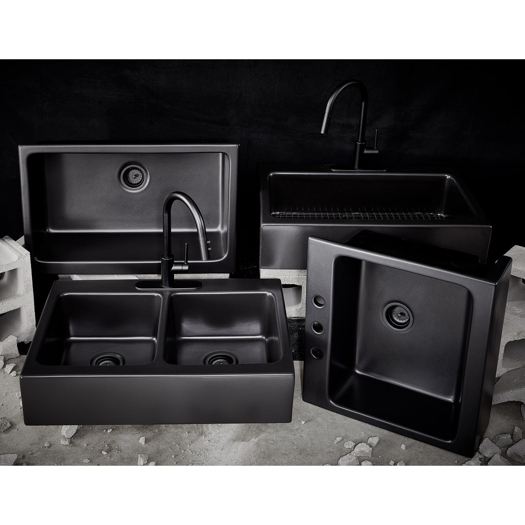 Parker Matte Black Fireclay 34″ Single Bowl Quick-Fit Farmhouse Apron Front Drop-In Kitchen Sink and Drain